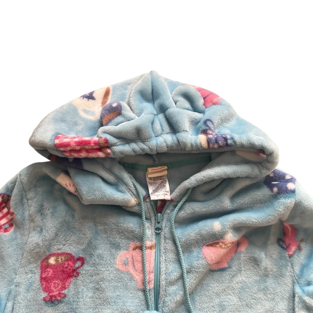 Munki Munki Women's Size L One Piece Pajama Light Blue Coffee Tassle Hood - Picture 5 of 10